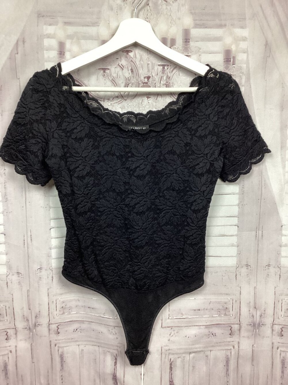 Cosabella Vintage Floral Lace Short Sleeve Bodysuit Black M
